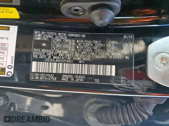 2013 Toyota 4Runner SR5 with VIN JTEZU5JR6D5054803, listed as a Copart auction lot 61860975 with 301,828 mi miles and Salvage title. Bid and sale history available at DreamBid. Image 14.
