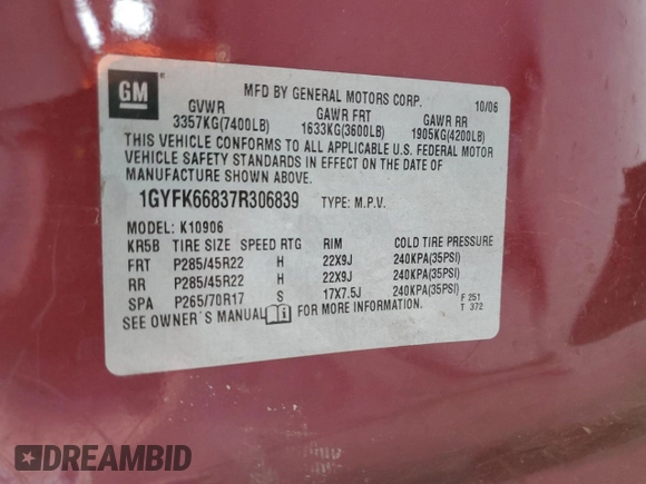 2007 Cadillac Escalade ESV с VIN 1GYFK66837R306839, выставлен на аукционе Copart как лот 57309435 с пробегом Не указан миль и Чистый • Clean title. История ставок и продаж доступна на DreamBid. Изображение 13.