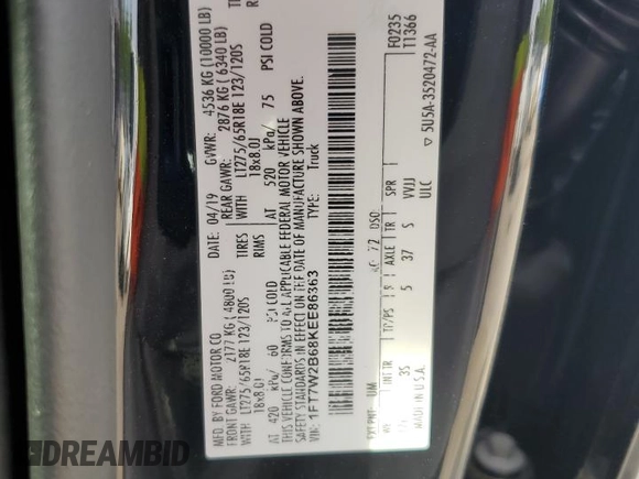 2019 Ford F-250 XL с VIN 1FT7W2B68KEE86363, выставлен на аукционе Copart как лот 52871045 с пробегом 148 706 миль миль и Списание • Salvage title. История ставок и продаж доступна на DreamBid. Изображение 12.