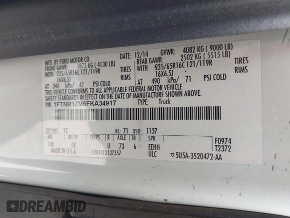 2015 Ford Transit Cargo with VIN 1FTNR1ZM6FKA34917, listed as a IAAI auction lot 42355969 with 89,500 mi miles and . Bid and sale history available at DreamBid. Image 9.