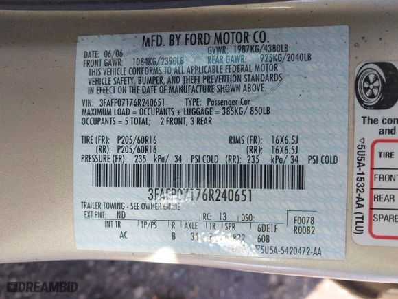2006 Ford Fusion SE with VIN 3FAFP07176R240651, listed as a IAAI auction lot 41867045 with 164,455 mi miles. Bid and sale history available at carsss.com. Image 9.