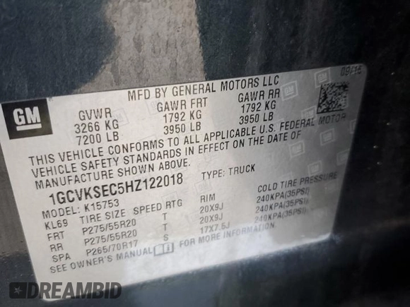2017 Chevrolet Silverado 1500 LTZ with VIN 1GCVKSEC5HZ122018, listed as a Copart auction lot 83535064 with 116,716 mi miles and Salvage Title. Bid and sale history available at carsss.com. Image 12.