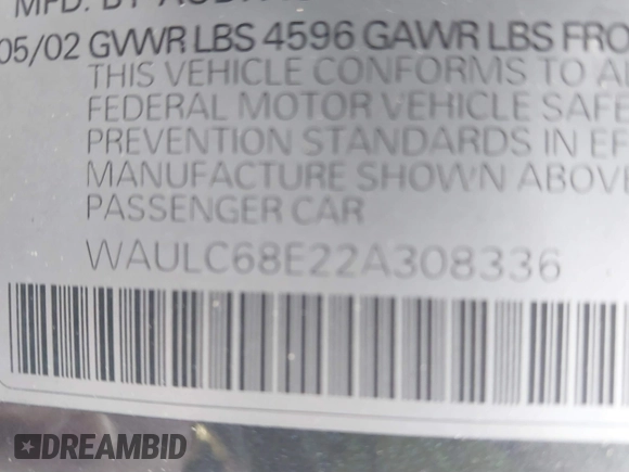 2002 Audi A4 1.8T with VIN WAULC68E22A308336, listed as a IAAI auction lot 41783633 with 1 mi miles. Bid and sale history available at carsss.com. Image 9.