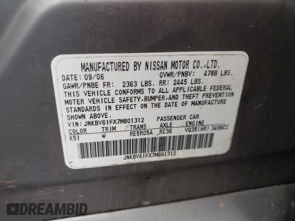 2007 Infiniti G35 G35x with VIN JNKBV61FX7M801312, listed as a Copart auction lot 55379815 with 152,316 mi miles and Salvage Title. Bid and sale history available at DreamBid. Image 12.