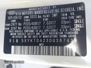 2013 Kia Sorento LX with VIN 5XYKTDA23DG387439, listed as a IAAI auction lot 41675984 with 147,703 mi miles. Bid and sale history available at carsss.com. Image 9.