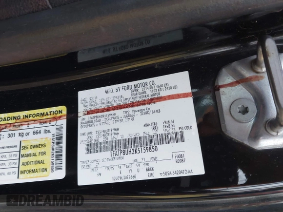 2019 Ford Mustang EcoBoost with VIN 1FATP8UH2K5159850, listed as a IAAI auction lot 41056057 with 44,133 mi miles and . Bid and sale history available at DreamBid. Image 9.