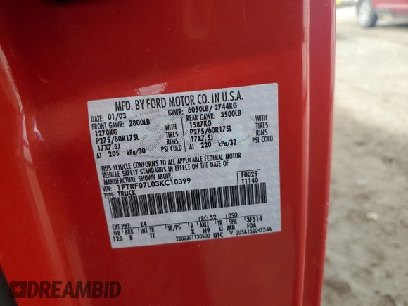 2003 Ford F-150 XL z VIN 1FTRF07L03KC10399, wystawiony jako Copart lot #48300535 z przebiegiem 41 089 mil mil oraz Szkoda całkowita • Salvage title. Historia ofert i sprzedaży dostępna na DreamBid. Obrazek 14.