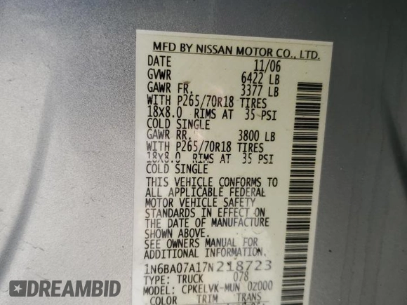 2007 Nissan Titan XE with VIN 1N6BA07A17N218723, listed as a Copart auction lot 43451135 with 202,747 mi miles and Salvage Title. Bid and sale history available at carsss.com. Image 13.