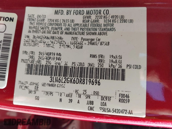 2013 Lincoln MKZ с VIN 3LN6L2GK6DR819696, выставлен на аукционе IAAI как лот 41840062 с пробегом 68 846 миль миль и . История ставок и продаж доступна на DreamBid. Изображение 9.