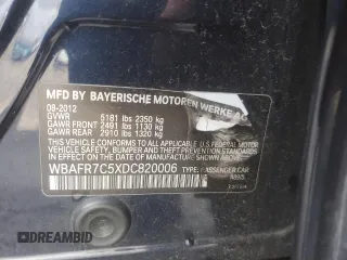2013 BMW 5 Series 535i with VIN WBAFR7C5XDC820006, listed as a Copart auction lot 46707355 with 126,924 mi miles and Salvage Title. Bid and sale history available at DreamBid. Image 12.
