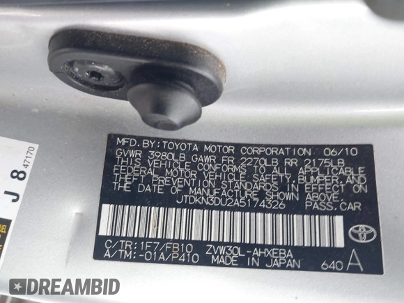 2010 Toyota Prius II z VIN JTDKN3DU2A5174326, wystawiony jako IAAI lot #41508987 z przebiegiem 249 713 mil mil oraz . Historia ofert i sprzedaży dostępna na DreamBid. Obrazek 9.