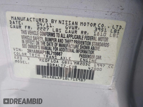 2011 Nissan Sentra SR with VIN 3N1AB6AP1BL715987, listed as a IAAI auction lot 41988431 with 189,903 mi miles and . Bid and sale history available at DreamBid. Image 9.