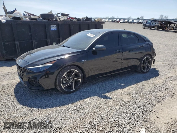 2023 Hyundai Elantra N Line z VIN KMHLR4AF2PU625284, wystawiony jako Copart lot #52018055 z przebiegiem 22 024 mil mil oraz Szkoda całkowita • Salvage title. Historia ofert i sprzedaży dostępna na DreamBid. Obrazek 1.