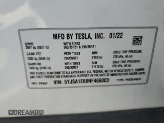 2022 Tesla Model S Plaid with VIN 5YJSA1E68NF466003, listed as a Copart auction lot 61717224 with Not provided miles and Salvage title. Bid and sale history available at DreamBid. Image 14.