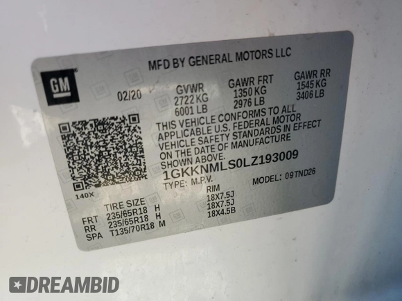 2020 GMC Acadia SLT with VIN 1GKKNMLS0LZ193009, listed as a Copart auction lot 49146685 with 78,685 mi miles and Salvage Title. Bid and sale history available at DreamBid. Image 13.