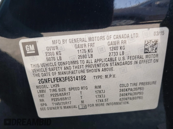 2015 Chevrolet Equinox LT with VIN 2GNFLFEK3F6314182, listed as a IAAI auction lot 42036076 with 151,766 mi miles and . Bid and sale history available at DreamBid. Image 9.
