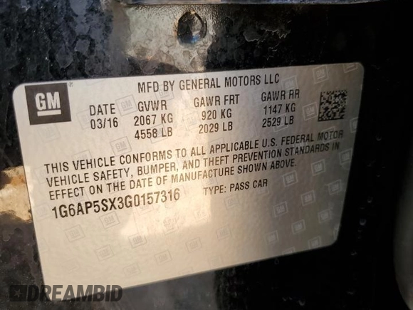 2016 Cadillac CTS RWD with VIN 1G6AP5SX3G0157316, listed as a Copart auction lot 69514114 with 77,934 mi miles and Salvage title. Bid and sale history available at DreamBid. Image 12.