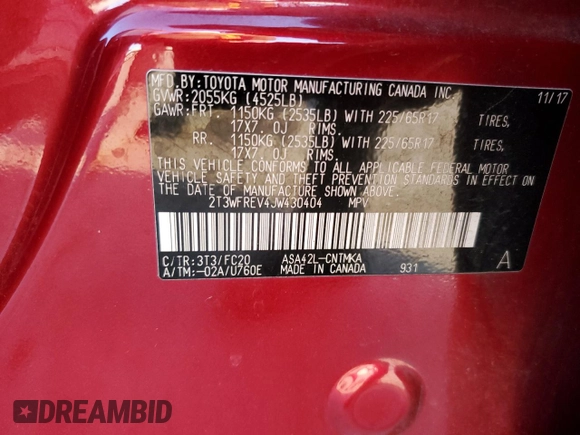 2018 Toyota RAV4 XLE with VIN 2T3WFREV4JW430404, listed as a Copart auction lot 85532074 with 118,932 mi miles and Salvage Title. Bid and sale history available at DreamBid. Image 14.