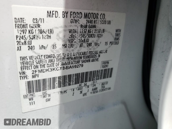 2011 Ford Edge Limited with VIN 2FMDK3KCXBBA99279, listed as a Copart auction lot 62712905 with 257,663 mi miles and Clean title. Bid and sale history available at DreamBid. Image 13.