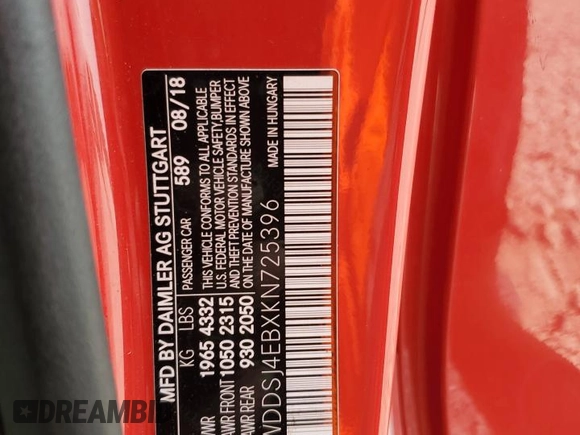 2019 Mercedes-Benz CLA 250 с VIN WDDSJ4EBXKN725396, выставлен на аукционе Copart как лот 60198955 с пробегом 54 822 миль миль и Списание • Salvage title. История ставок и продаж доступна на DreamBid. Изображение 12.