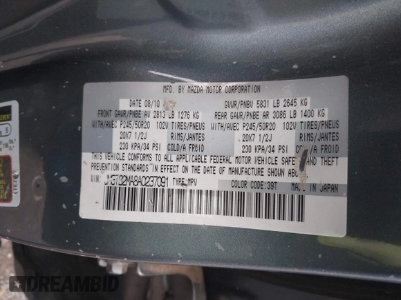2010 Mazda CX-9 Touring with VIN JM3TB2MA8A0237091, listed as a IAAI auction lot 41707937 with 208,588 mi miles and . Bid and sale history available at DreamBid. Image 9.