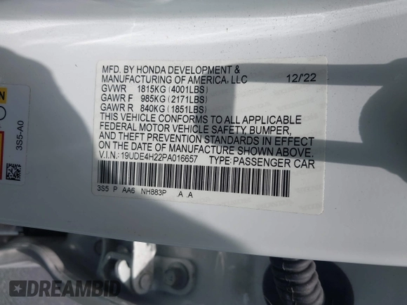2023 Acura Integra with VIN 19UDE4H22PA016657, listed as a IAAI auction lot 42346736 with 27,733 mi miles and . Bid and sale history available at DreamBid. Image 9.