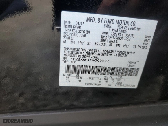 2017 Ford Explorer Platinum with VIN 1FM5K8HT1HGC90003, listed as a Copart auction lot 52806735 with 55,905 mi miles and Salvage Title. Bid and sale history available at carsss.com. Image 14.