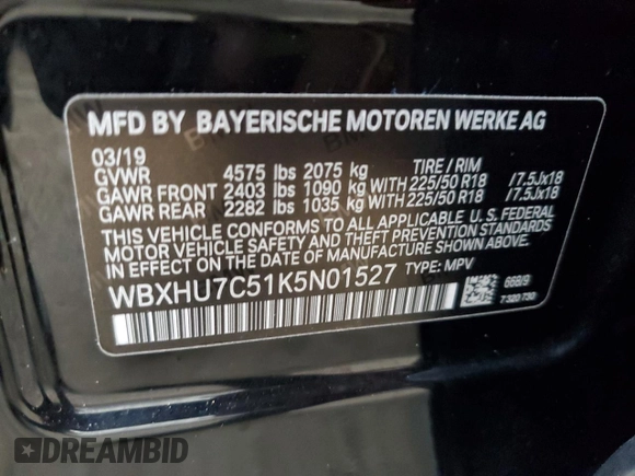 2019 BMW X1 sDrive28i with VIN WBXHU7C51K5N01527, listed as a Copart auction lot 69106262 with 32,657 mi miles. Bid and sale history available at carsss.com. Image 13.