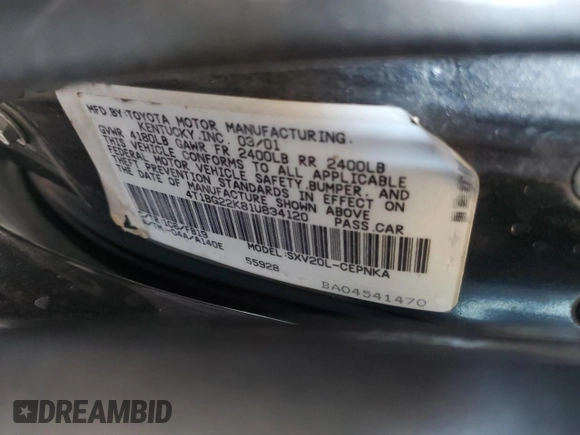 2001 Toyota Camry CE with VIN 4T1BG22K81U834120, listed as a Copart auction lot 54898455 with 224,432 mi miles and Salvage Title. Bid and sale history available at DreamBid. Image 12.
