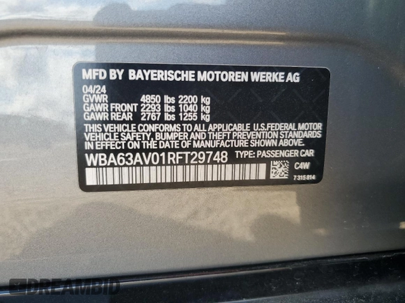 2024 BMW 4 Series 430i with VIN WBA63AV01RFT29748, listed as a Copart auction lot 44142685 with 18,419 mi miles and Clean Title. Bid and sale history available at carsss.com. Image 13.