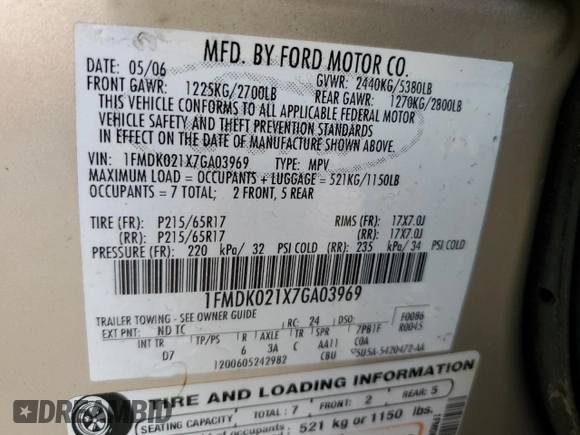 2007 Ford Freestyle SEL с VIN 1FMDK021X7GA03969, выставлен на аукционе Copart как лот 52924275 с пробегом Не указан миль и Чистый • Clean title. История ставок и продаж доступна на DreamBid. Изображение 13.