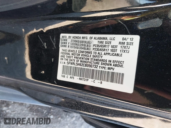 2012 Honda Odyssey EX-L с VIN 5FNRL5H62CB090732, выставлен на аукционе IAAI как лот 41865684 с пробегом 175 361 миль миль и . История ставок и продаж доступна на DreamBid. Изображение 9.
