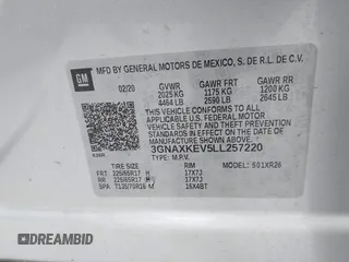 2020 Chevrolet Equinox LT with VIN 3GNAXKEV5LL257220, listed as a IAAI auction lot 40481603 with 51,967 mi miles. Bid and sale history available at carsss.com. Image 9.