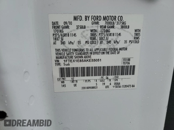2010 Ford F-150 XL с VIN 1FTEX1E85AKE55051, выставлен на аукционе Copart как лот 56351815 с пробегом 161 481 миль миль и Списание • Salvage title. История ставок и продаж доступна на DreamBid. Изображение 12.