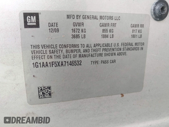 2010 Chevrolet Cobalt with VIN 1G1AA1F5XA7146532, listed as a IAAI auction lot 42136556 with 173,048 mi miles and . Bid and sale history available at DreamBid. Image 9.