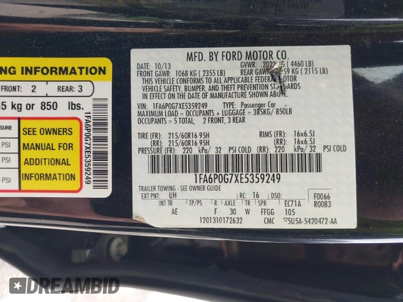 2014 Ford Fusion S с VIN 1FA6P0G7XE5359249, выставлен на аукционе IAAI как лот 42448605 с пробегом 145 627 миль миль и . История ставок и продаж доступна на DreamBid. Изображение 9.