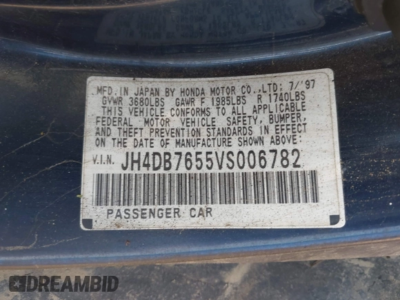 1997 Acura Integra LS with VIN JH4DB7655VS006782, listed as a IAAI auction lot 42517671 with 208,143 mi miles and . Bid and sale history available at DreamBid. Image 9.