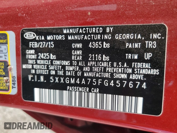 2015 Kia Optima LX with VIN 5XXGM4A75FG457674, listed as a Copart auction lot 50573355 with 125,943 mi miles and Salvage Title. Bid and sale history available at DreamBid. Image 12.