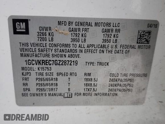 2016 Chevrolet Silverado 1500 LT with VIN 1GCVKREC7GZ287219, listed as a Copart auction lot 42316165 with 184,855 mi miles and Salvage Title. Bid and sale history available at DreamBid. Image 14.