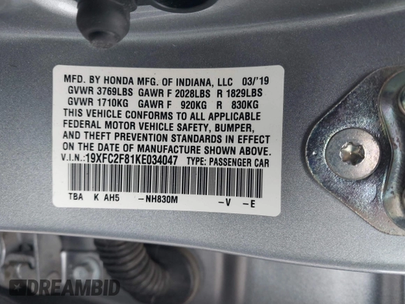 2019 Honda Civic Sport with VIN 19XFC2F81KE034047, listed as a IAAI auction lot 41995614 with 91,303 mi miles and . Bid and sale history available at DreamBid. Image 9.