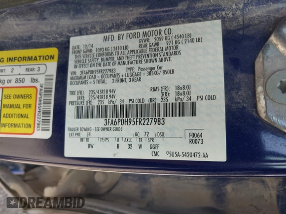 2015 Ford Fusion SE with VIN 3FA6P0H95FR227983, listed as a IAAI auction lot 42532582 with 169,940 mi miles and . Bid and sale history available at DreamBid. Image 9.