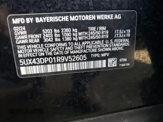 2024 BMW X3 sDrive30i with VIN 5UX43DP01R9V52605, listed as a Copart auction lot 52757335 with 20,403 mi miles and Clean Title. Bid and sale history available at DreamBid. Image 14.