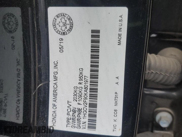 2019 Honda Accord Touring with VIN 1HGCV2F90KA801977, listed as a Copart auction lot 58150085 with 155,404 mi miles and Salvage title. Bid and sale history available at DreamBid. Image 13.