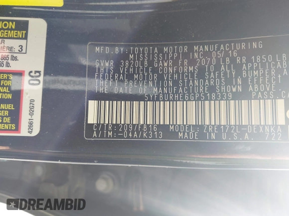 2016 Toyota Corolla L with VIN 5YFBURHE6GP518339, listed as a IAAI auction lot 42130729 with Not Provided miles and . Bid and sale history available at DreamBid. Image 9.
