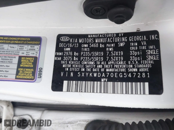 2014 Kia Sorento SX Limited with VIN 5XYKWDA70EG547281, listed as a IAAI auction lot 41555075 with 156,296 mi miles. Bid and sale history available at carsss.com. Image 9.
