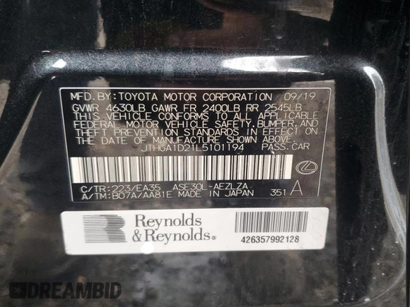 2020 Lexus IS 300 F Sport with VIN JTHGA1D21L5101194, listed as a Copart auction lot 42705555 with 68,989 mi miles and Salvage title. Bid and sale history available at DreamBid. Image 15.