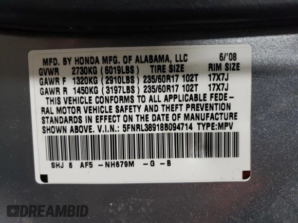 2008 Honda Odyssey Touring с VIN 5FNRL38918B094714, выставлен на аукционе Copart как лот 60098405 с пробегом 247 406 миль миль и Чистый • Clean title. История ставок и продаж доступна на DreamBid. Изображение 13.