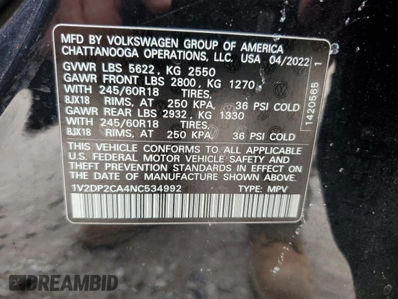 2022 Volkswagen Atlas SE with VIN 1V2DP2CA4NC534992, listed as a Copart auction lot 59531005 with 41,927 mi miles and Salvage title. Bid and sale history available at DreamBid. Image 13.