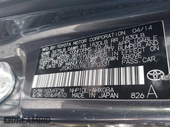 2014 Toyota Prius One with VIN JTDKDTB39E1070331, listed as a IAAI auction lot 42086348 with 219,028 mi miles and . Bid and sale history available at DreamBid. Image 9.
