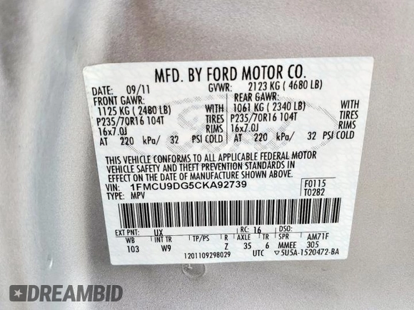 2012 Ford Escape XLT z VIN 1FMCU9DG5CKA92739, wystawiony jako Copart lot #62380375 z przebiegiem 68 755 mil mil oraz Szkoda całkowita • Salvage title. Historia ofert i sprzedaży dostępna na DreamBid. Obrazek 13.